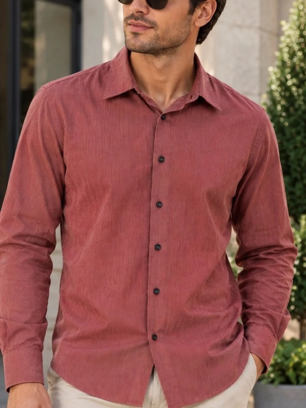 Armani Collezioni Men’s Red Micro Stripe Cotton Button Down Shirt Designer
